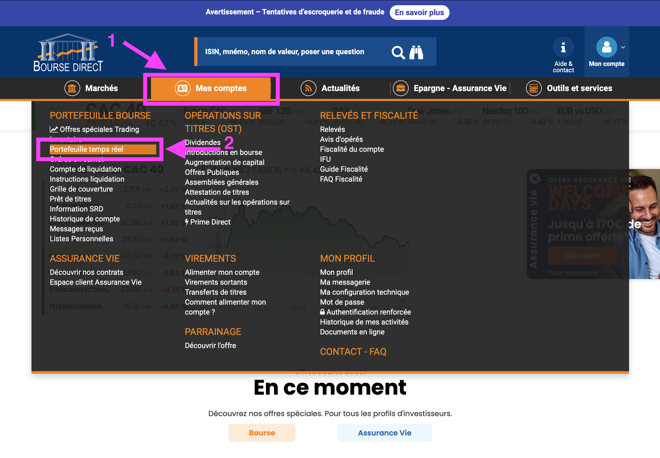 Bourse Direct Menu Navigation