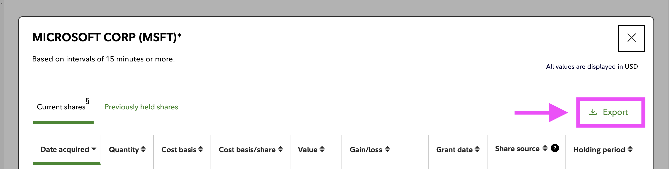 Fidelity Share Details Modal Export